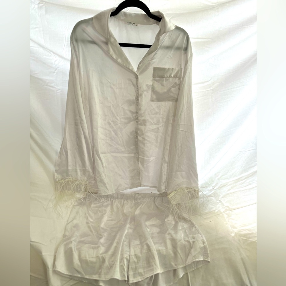 Satin wedding pajamas with feather sleeve detail